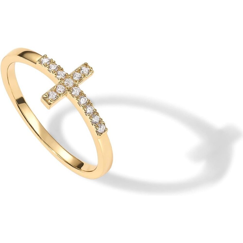 Women's 14K Gold Plated Cubic Zirconia Cross Eternity Promise Ring Gift